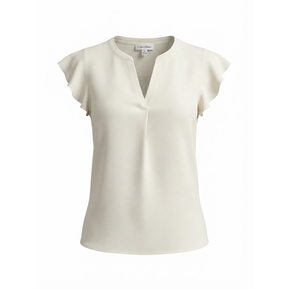Flutter Sleeve Top Womens Small Cream V-Neck Crepe Blouse Good